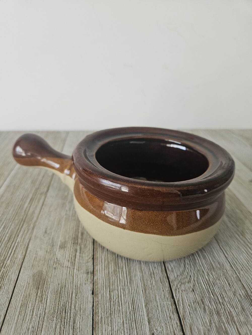 Vintage Ceramic Chili Soup Bowl with Handle - Brown and Beige Ombre Pattern Glaz